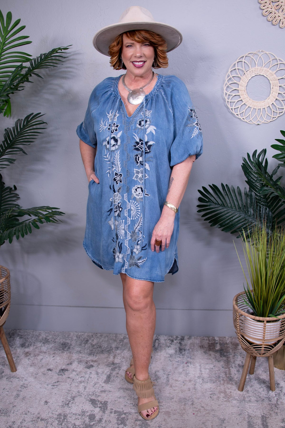 Denim All Day Embroidered Dress ~ D5598DN