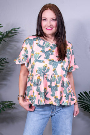 Stick With It Peach Cactus Print Top - T11026PE