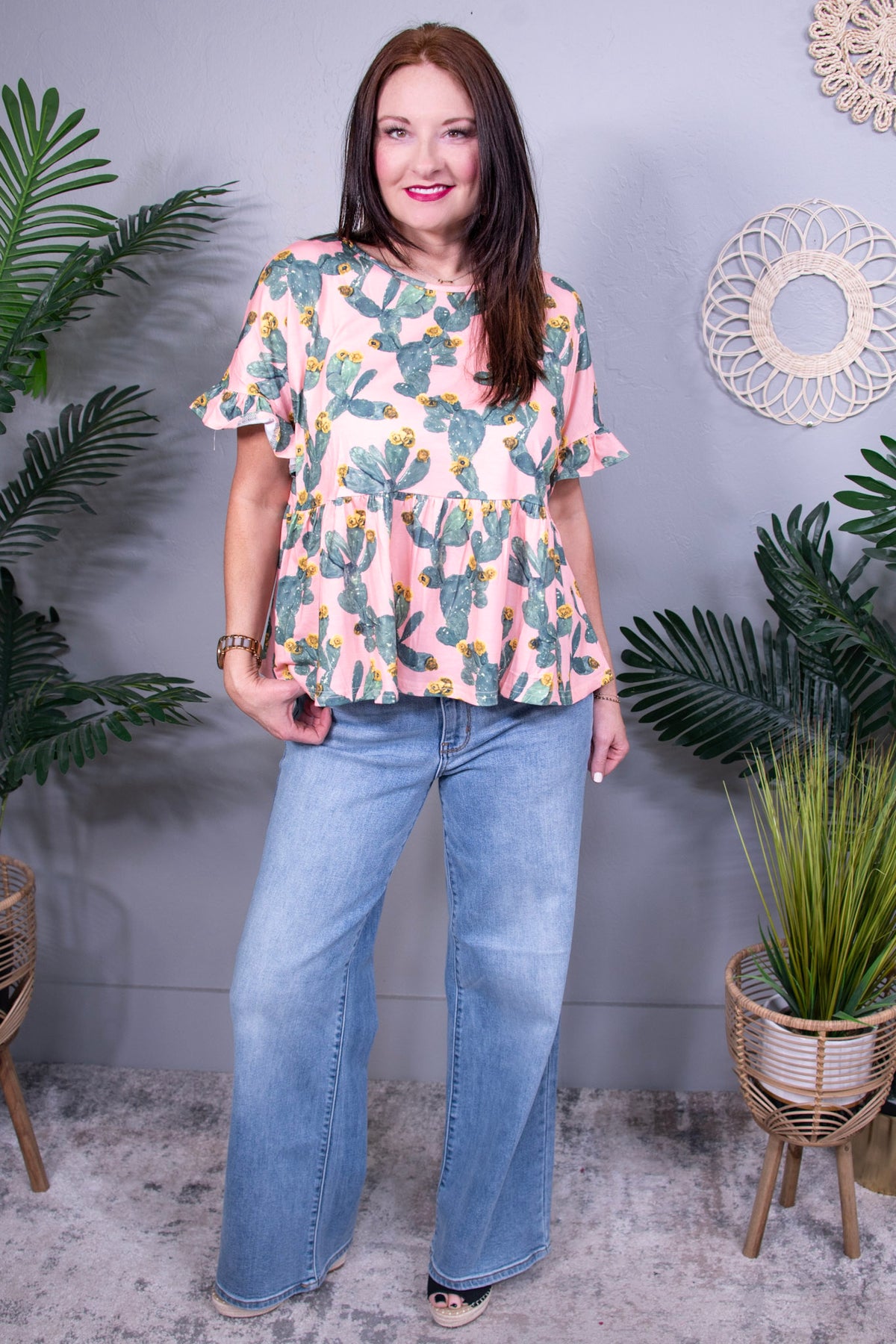 Stick With It Peach Cactus Print Top - T11026PE
