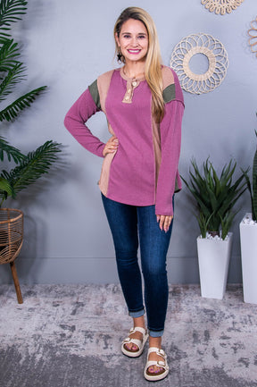 Over The Heartache Marsala/Olive/Tan Ribbed Color-Block Top - T10498MS