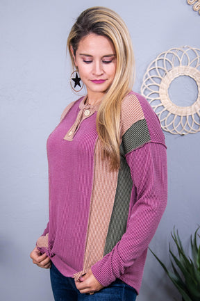 Over The Heartache Marsala/Olive/Tan Ribbed Color-Block Top - T10498MS