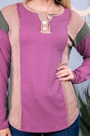 Over The Heartache Marsala/Olive/Tan Ribbed Color-Block Top - T10498MS