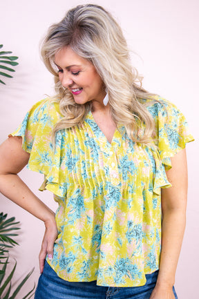 Refreshing Outlook Lime Green/Multi Color Printed V Neck Top - T8914LGN