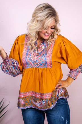 Blushing Beauty Camel/Multi Color Printed V Neck Top - T8273CA