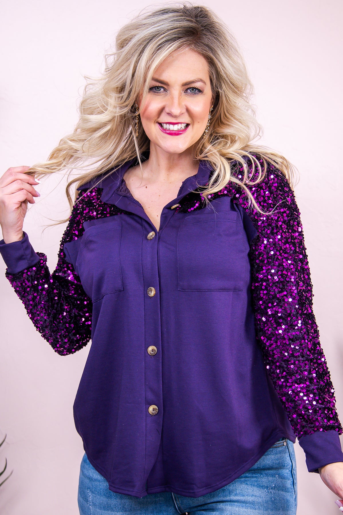 Dates With Babe Purple Solid Sequin Top - T8918PU