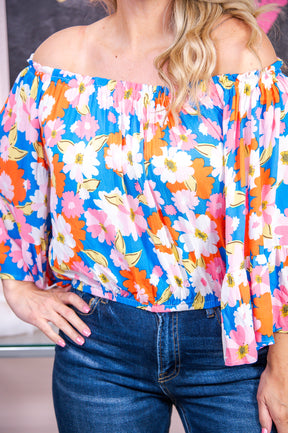 Gravitate Towards Positivity Royal Blue/Multi Color Floral Off The Shoulder Top - T7561RBL