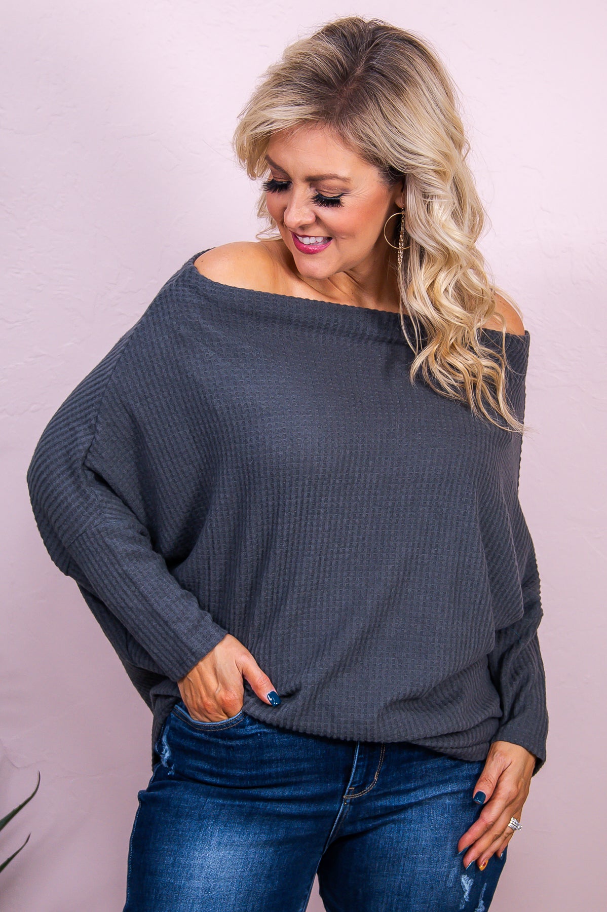 One Good Reason Charcoal Gray Solid Slouchy Top - T8281CH