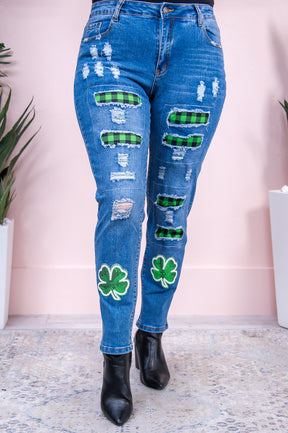 Ireland Medium Denim/Green/Black Checkered/Clover Jeans - K1098DN