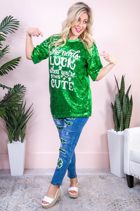 Who Needs Luck Green/White Sequins Tunic (One Size 4-14) - T8941GN