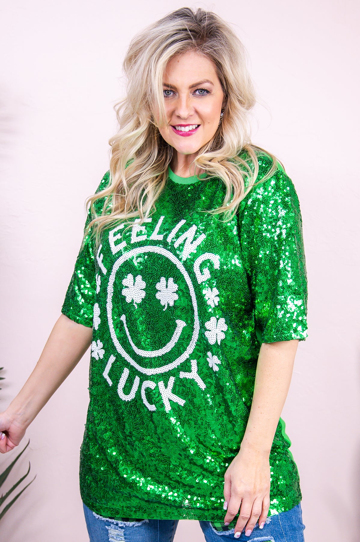 Feeling Lucky Green/White Sequins Tunic (One Size 4-14) - T8942GN