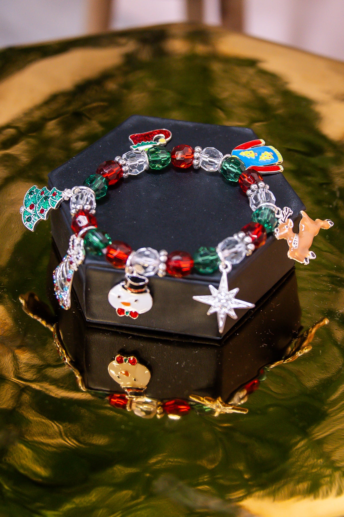 Red/Multi Color Reindeer/Christmas Sweater Charm Stretch Bracelet - BRC3354SI