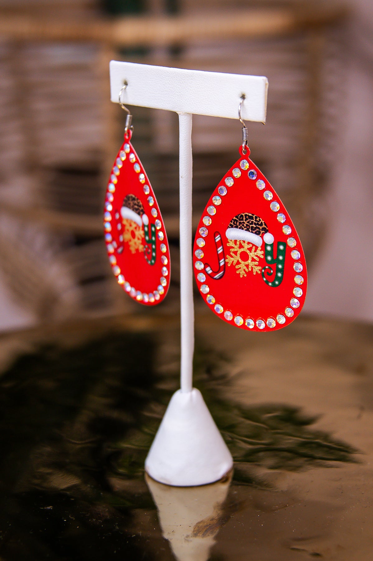 Joy Red/Multi Color Christmas Printed Teardrop Earrings - EAR4165RD