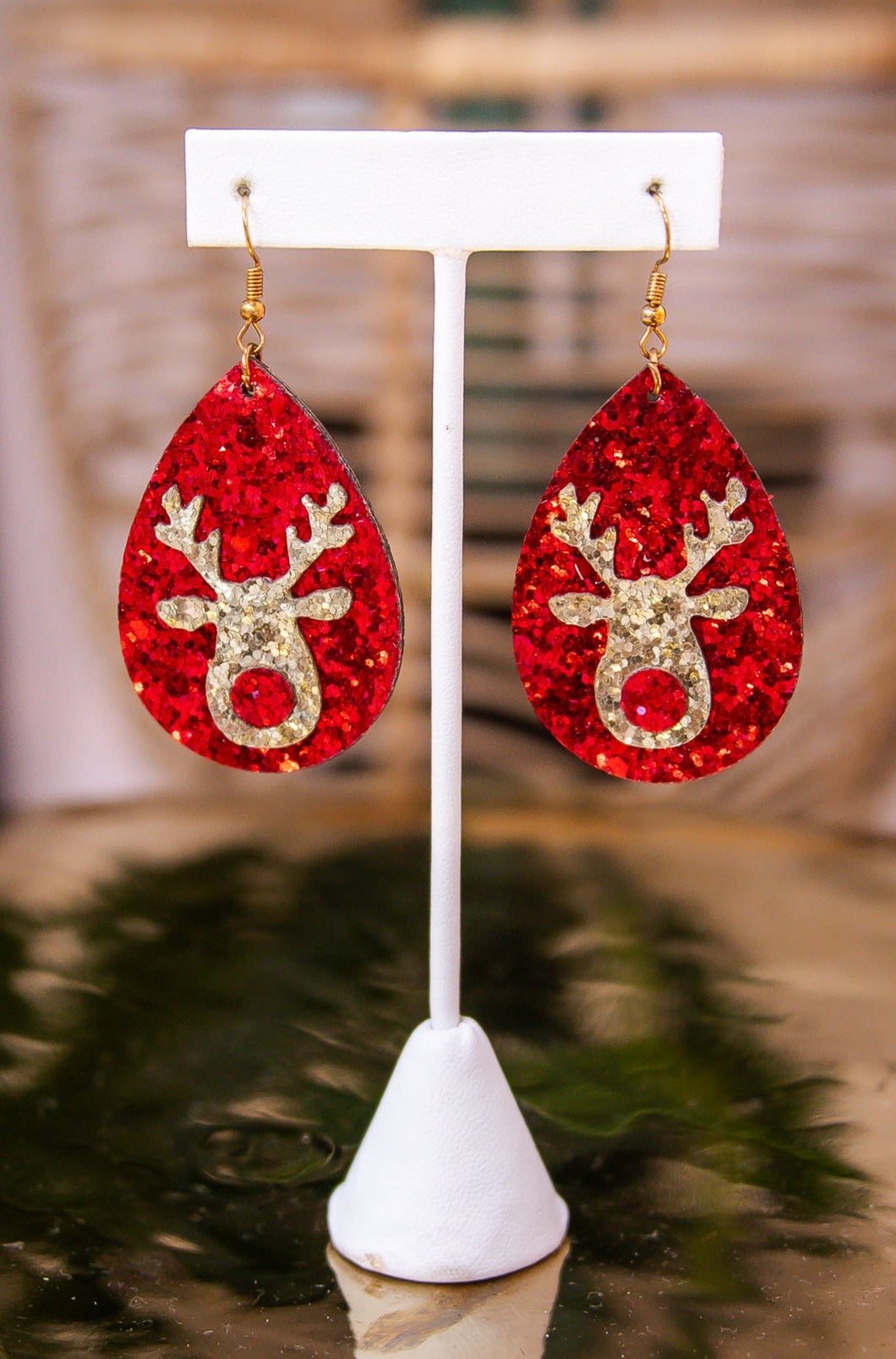 Red/Gold Glitter Rudolph Teardrop Earrings - EAR4157RD
