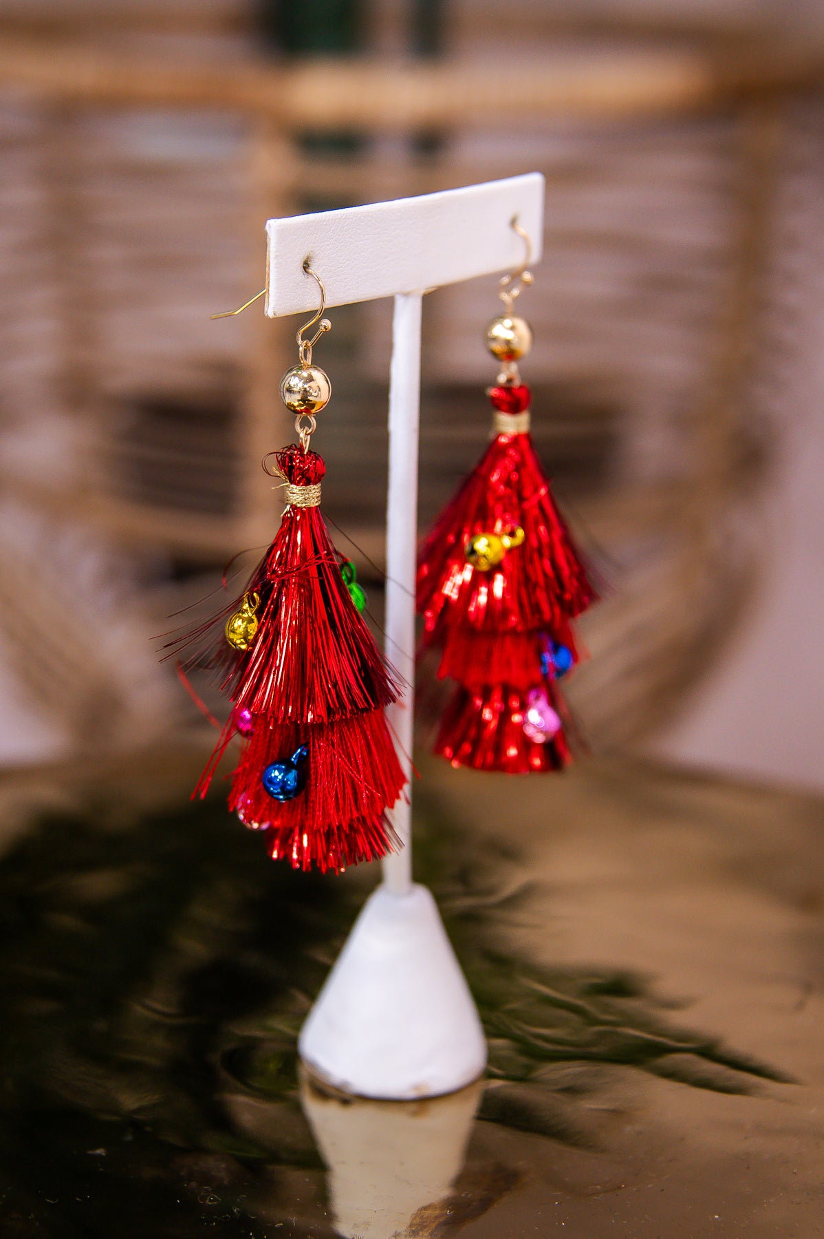 Red/Multi Color Tinsel/Ornament Tassel Earrings- EAR4171RD