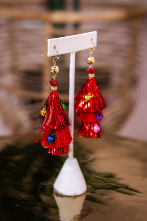 Red/Multi Color Tinsel/Ornament Tassel Earrings- EAR4171RD