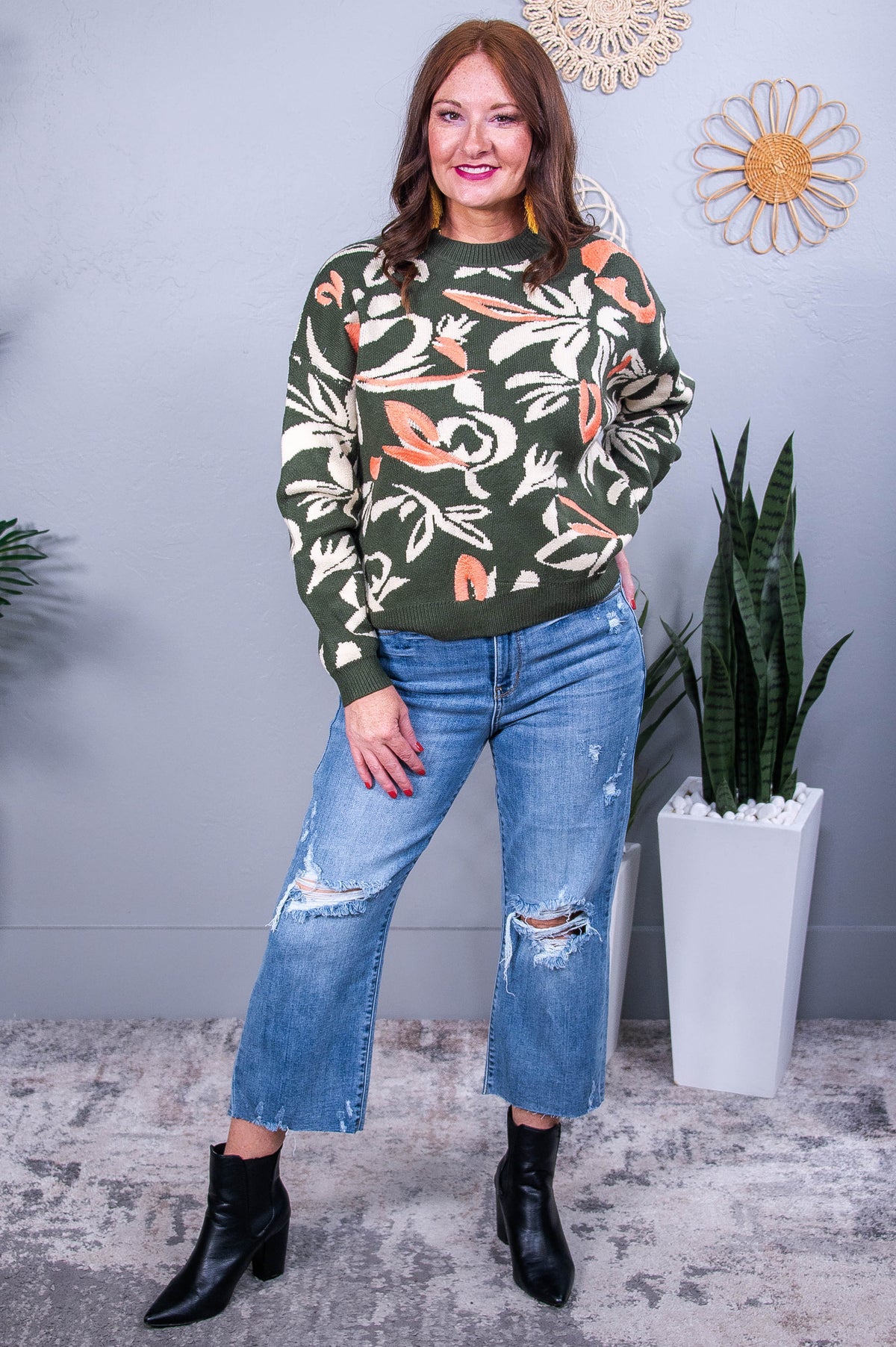 Next To Happiness Olive/Multi Color Floral Sweater - T10479OL