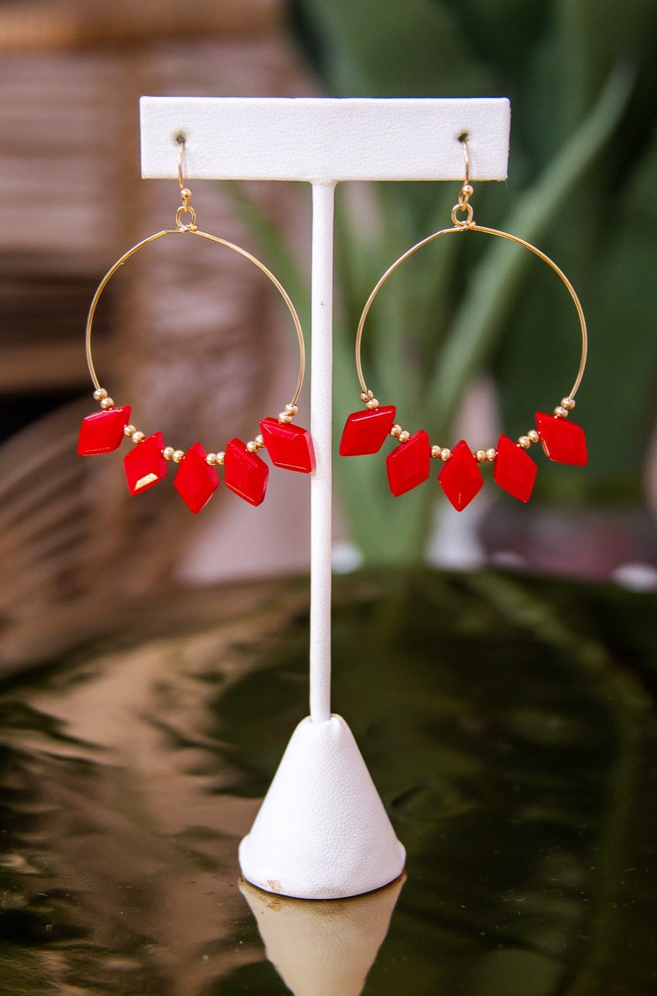 Red/Gold Beaded Circle Dangle Earrings - EAR4180RD