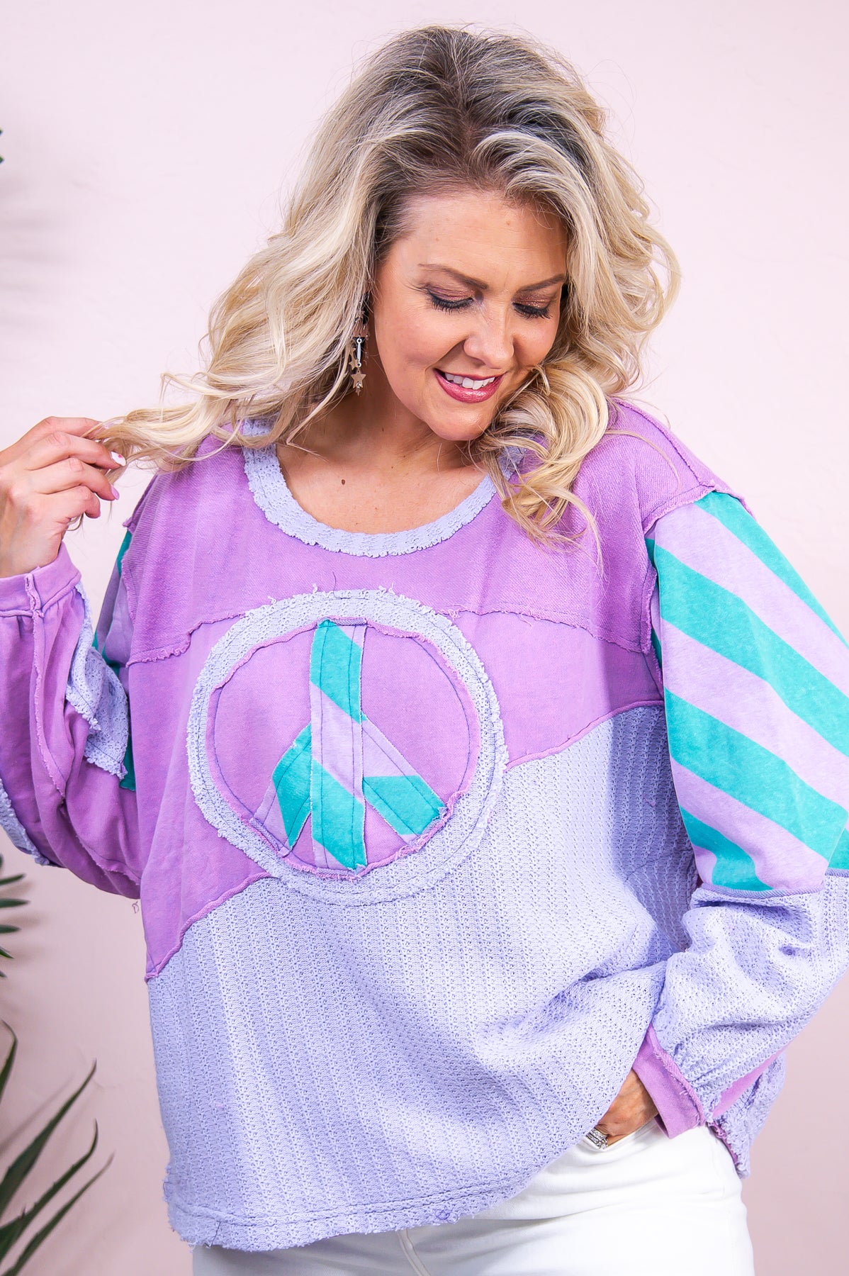 Blessed Are The Peacemakers Purple/Multi Color Patchwork Peace Sign Top - T8940PU