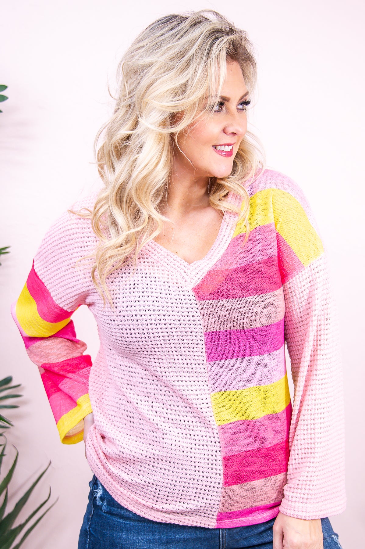 Playing The Odds Pink/Multi Color Striped Top - T8954PK