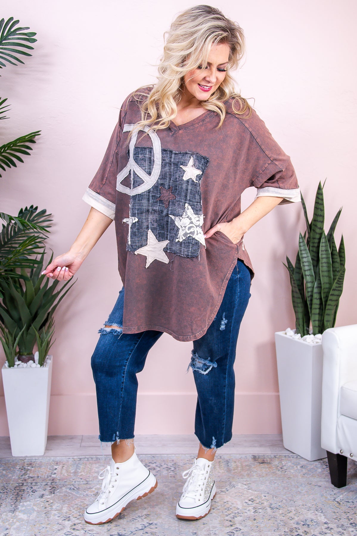 The Peace He Gives Charcoal/Multi Color Peace Sign/Star Patchwork Tunic - T8950CH