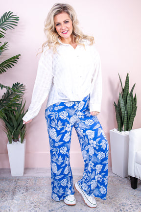 Make Today Count Blue/White Tropical Floral Pants - PNT1562BL