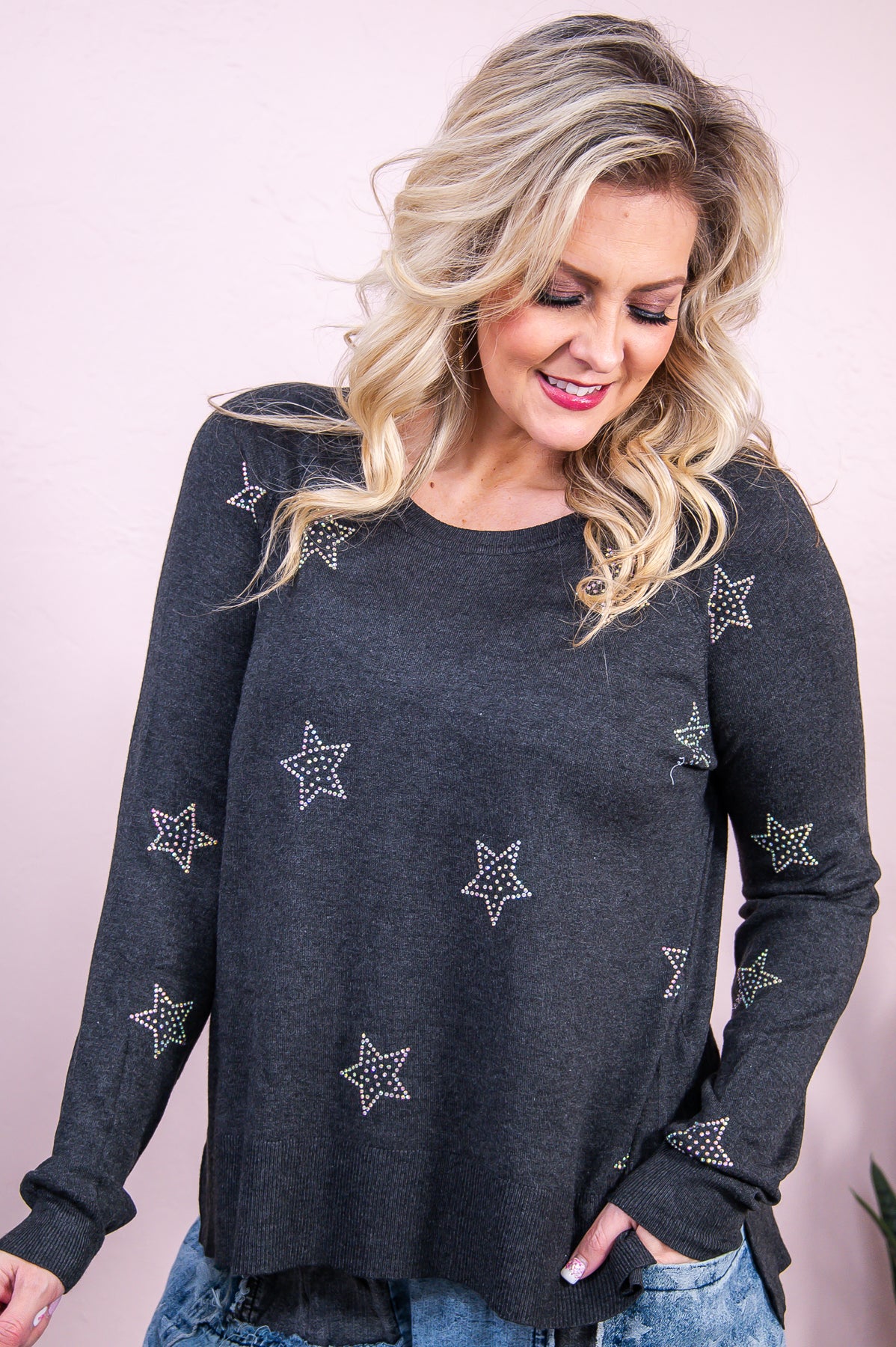 Secret Promises Charcoal Solid Star Bling Top - T8949CH