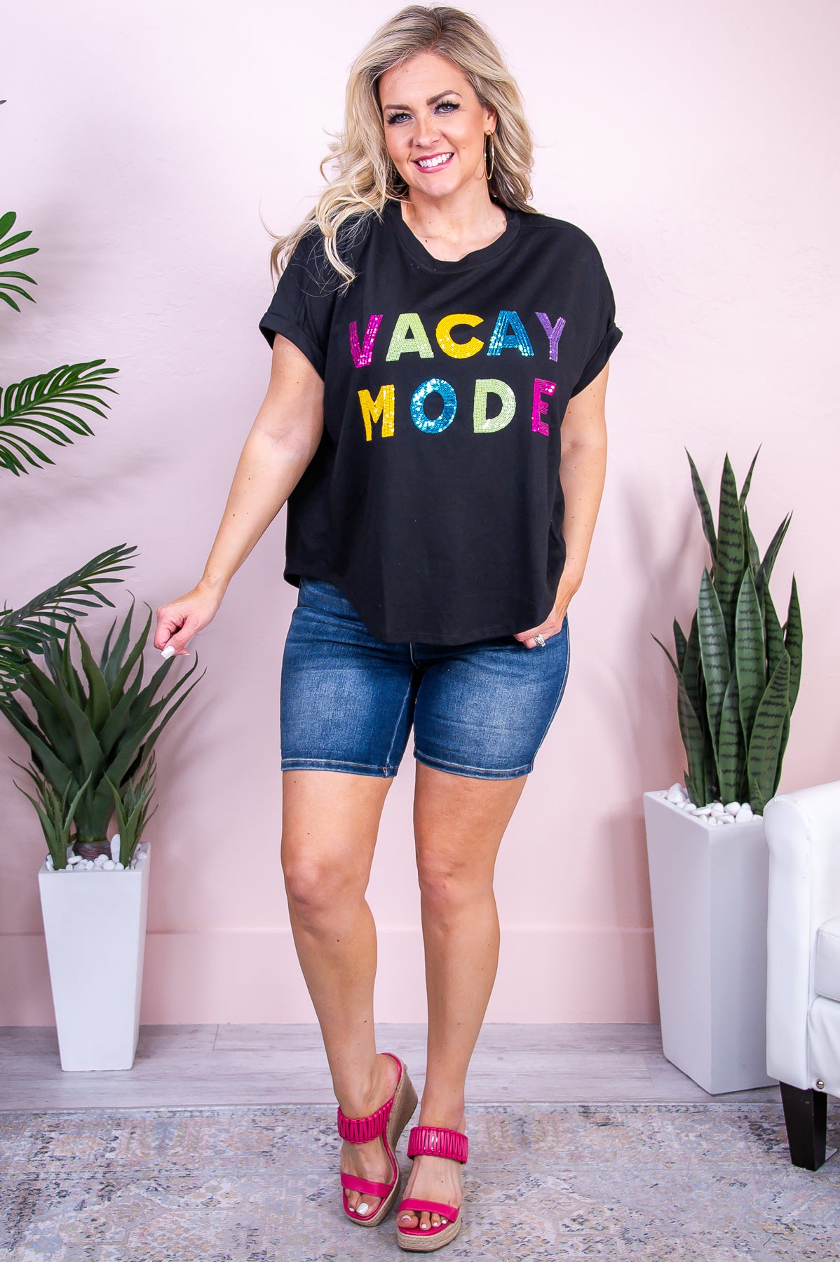 Vacay Mode Black/Multi Color Sequin High-Low Top - T9749BK