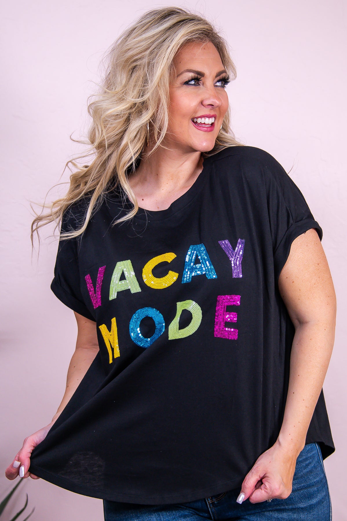 Vacay Mode Black/Multi Color Sequin High-Low Top - T9749BK