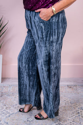 Spontaneous Success Slate Blue Solid Velvet Pants - PNT1509SBL