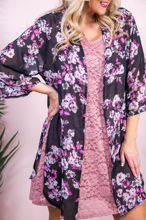 Perfect Sunday Black/Magenta Sheer Floral Kimono - O5315BK