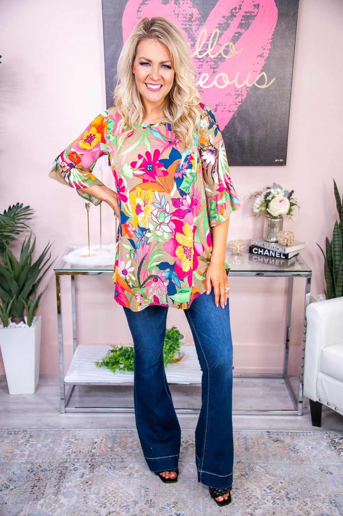 Brighter Days Coming Dark Taupe/Multi Color Floral Top - T7531DTA