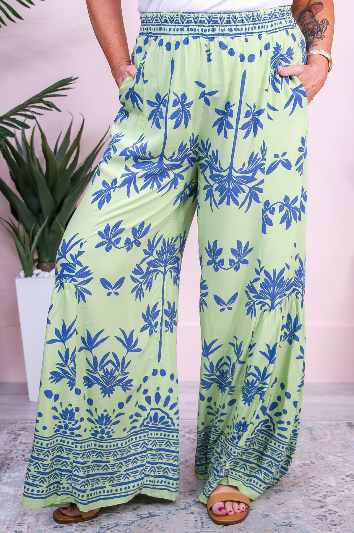 My Sweet Side Lime/Blue Floral Palazzo Pants - PNT1640LM