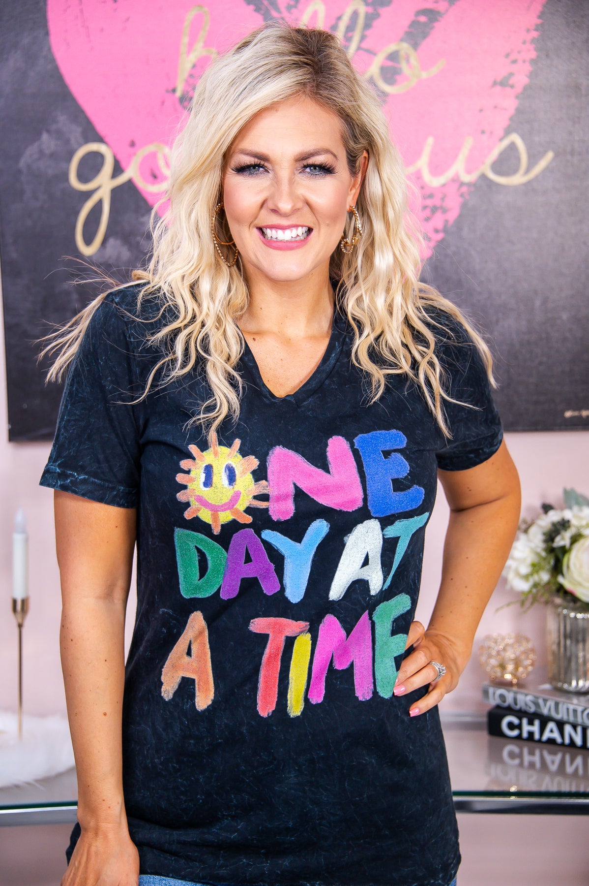 One Day At A Time Black Mineral Wash Graphic Tee - A2861BMS