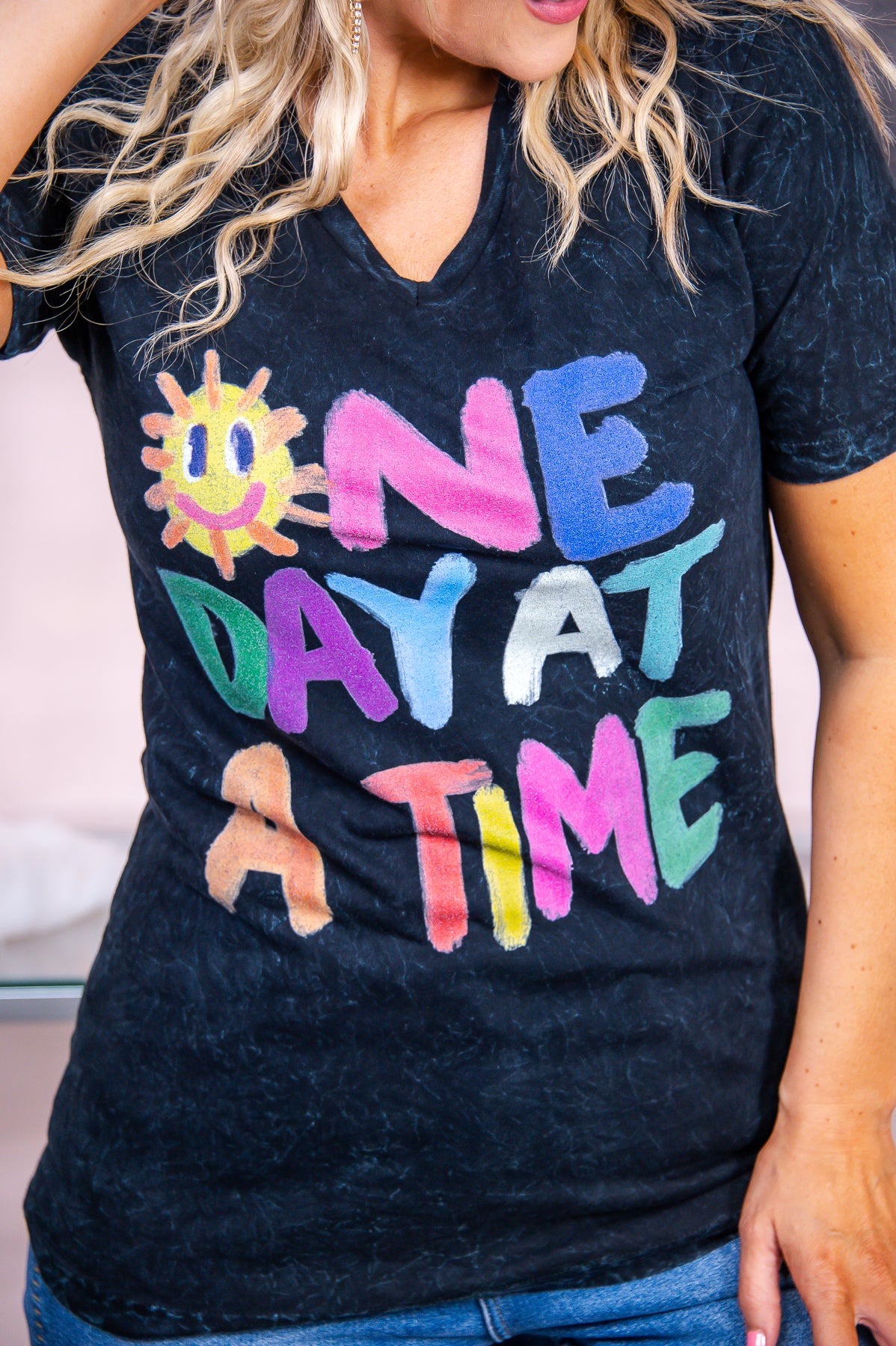 One Day At A Time Black Mineral Wash Graphic Tee - A2861BMS