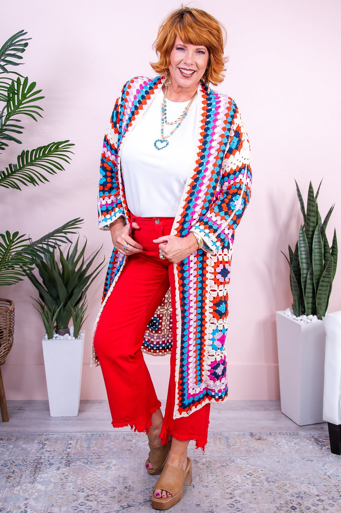 The Final Touch White/Multi Color Crochet Kimono (One Size 4-18) - O5461MU