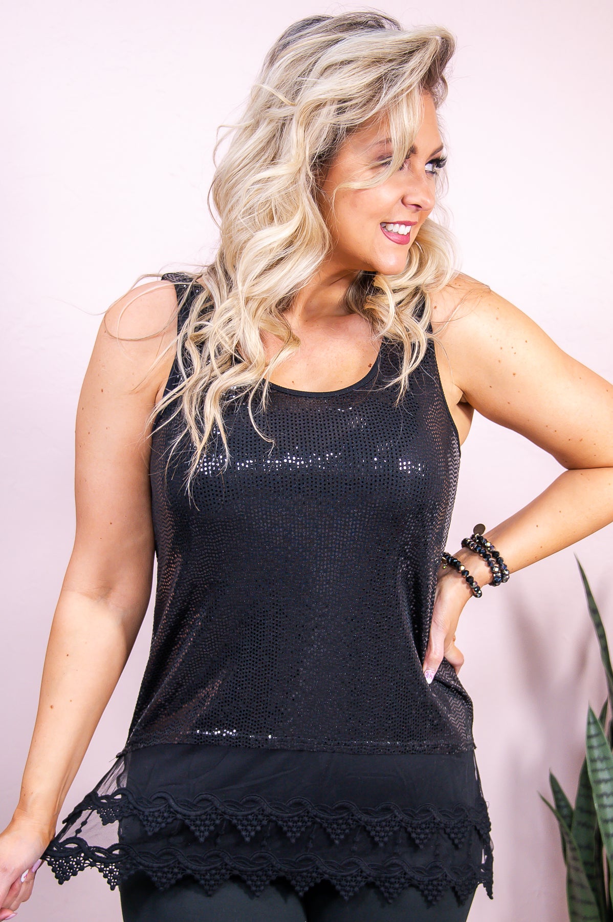 Polaroid Moment Black Solid Sequin/Lace Embroidered Top - T8987BK