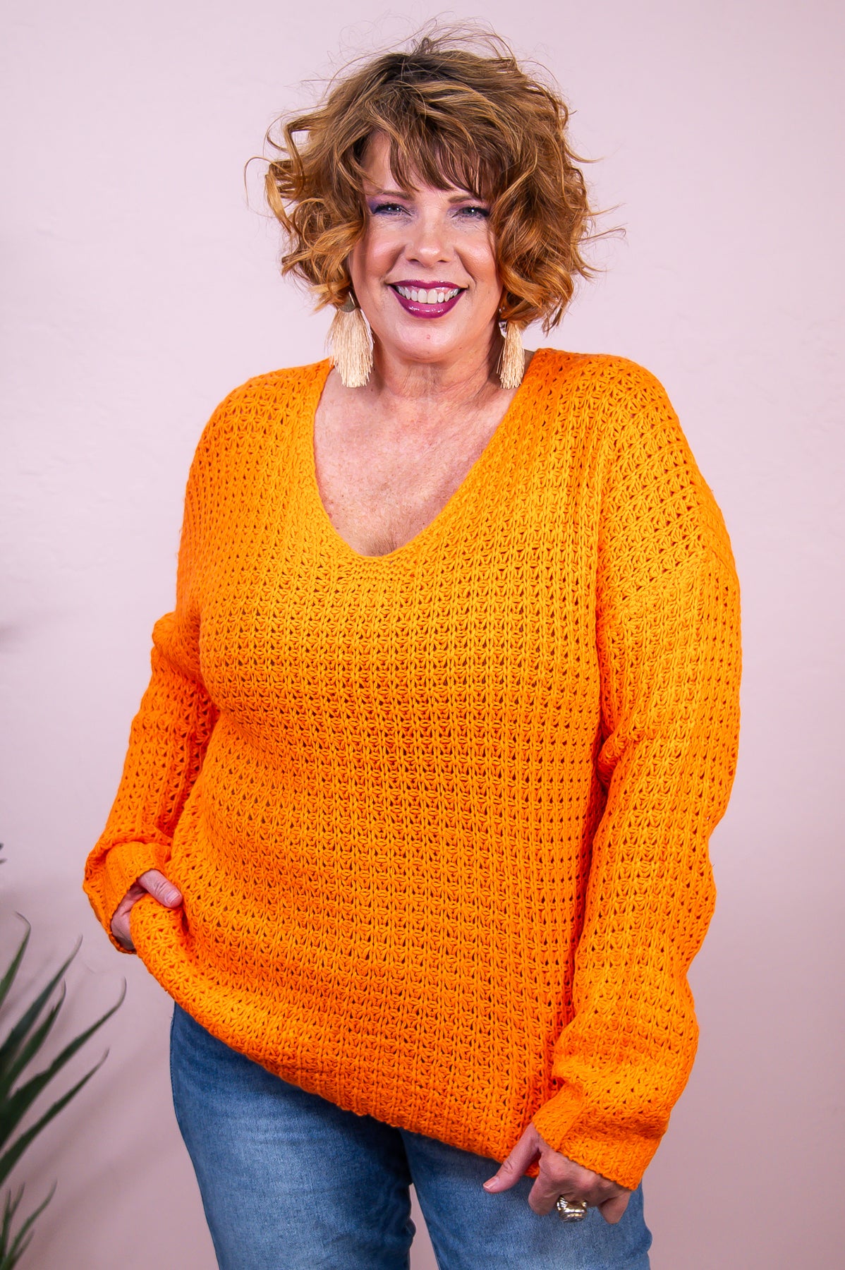 Happy To Chill Neon Orange Solid Knitted V Neck Sweater Top - T8293NOR