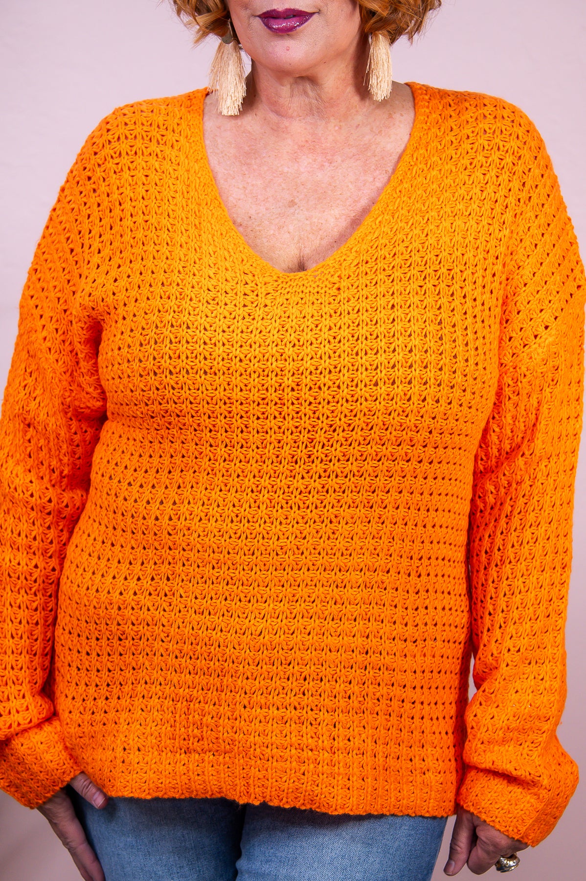 Happy To Chill Neon Orange Solid Knitted V Neck Sweater Top - T8293NOR