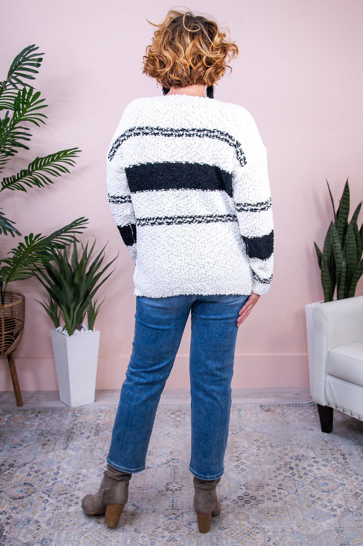 Endless Passion Ivory/Black Striped Popcorn Sweater Top - T8285IV