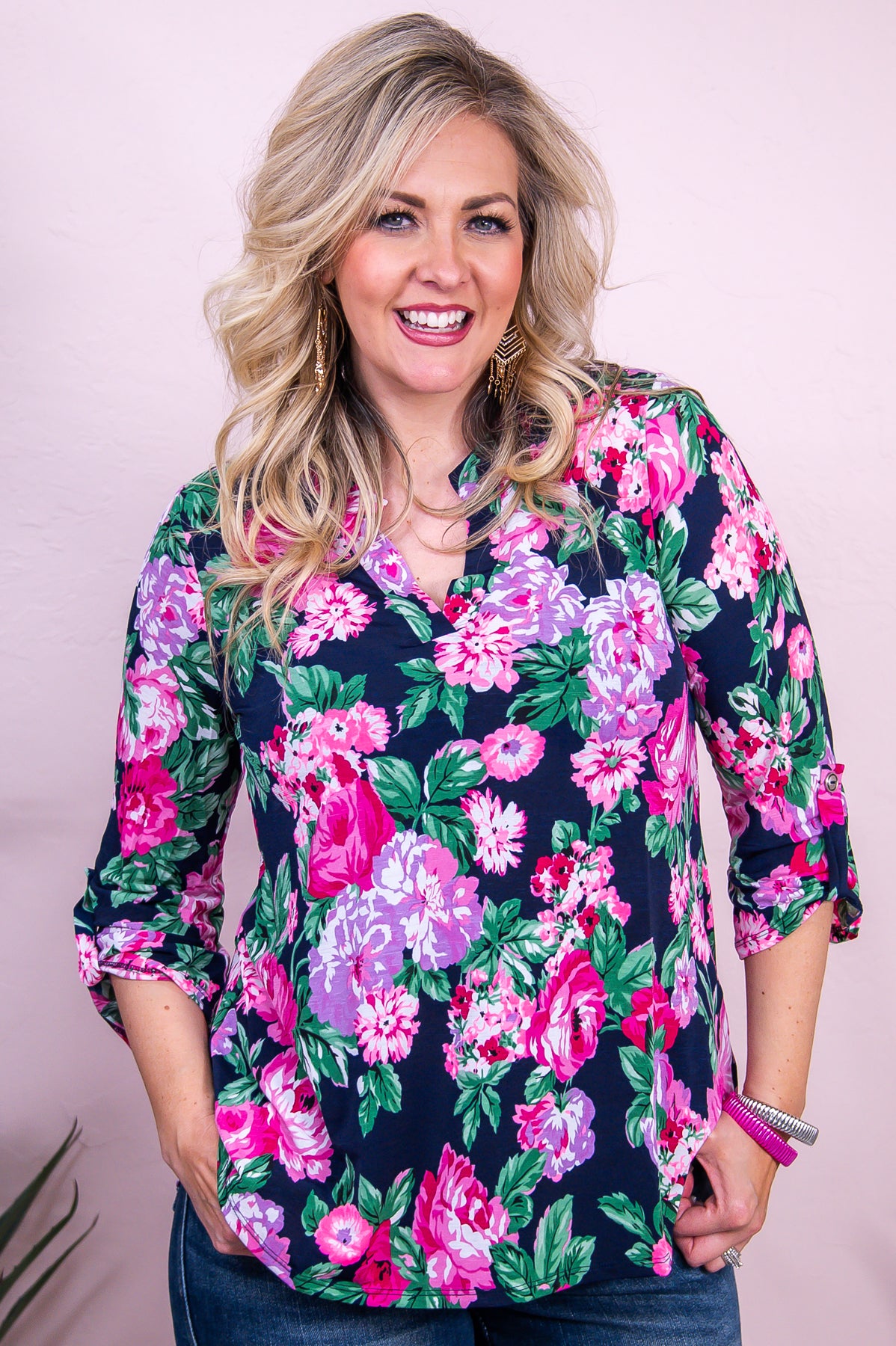 Paradise On Earth Navy/Neon Pink Floral Top - T9765NV