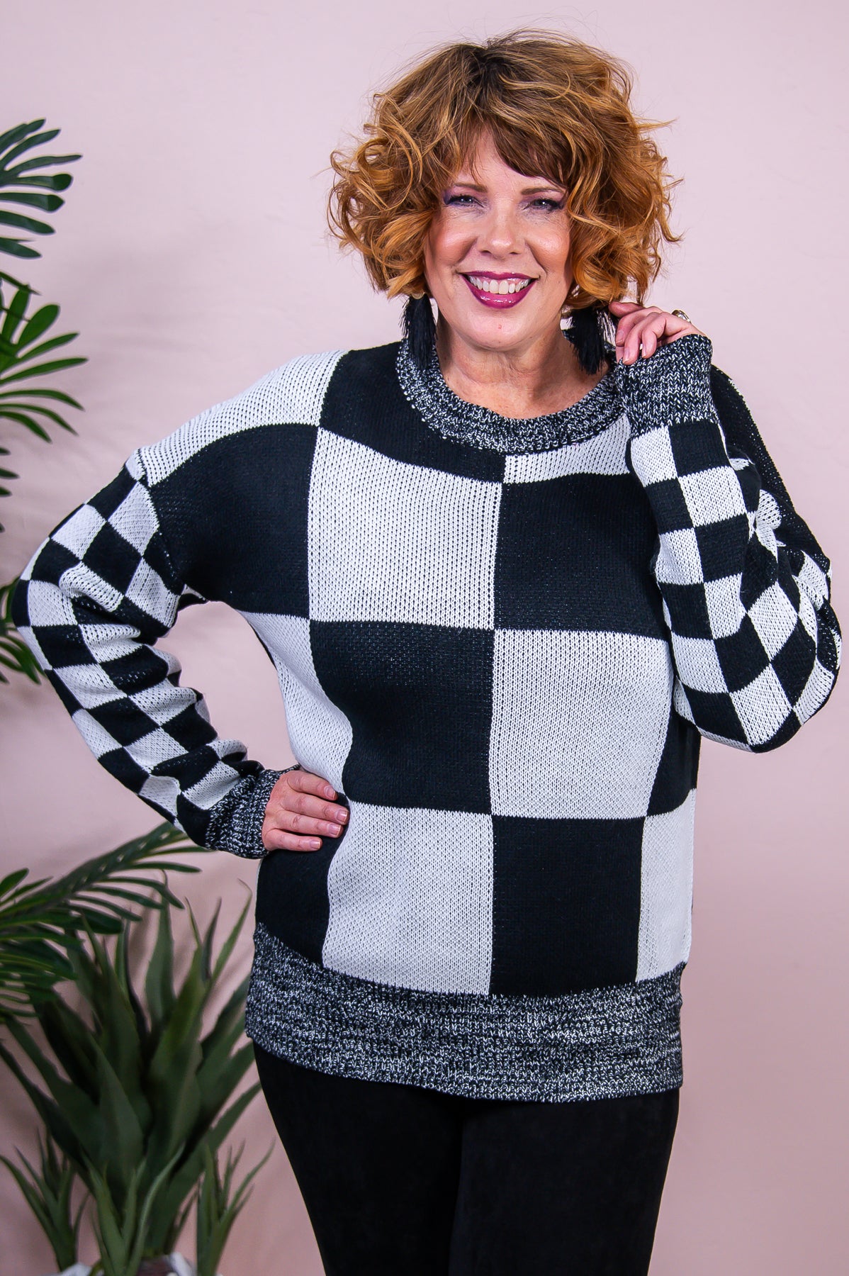 Morning Escape Black/Ivory Checkered Sweater Top - T8283BK