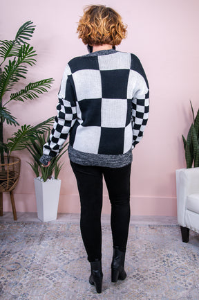 Morning Escape Black/Ivory Checkered Sweater Top - T8283BK