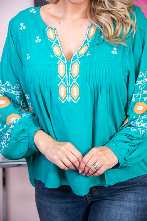 Midwest Weekend Teal/Multi Color Tribal Embroidered Top - T7588GN