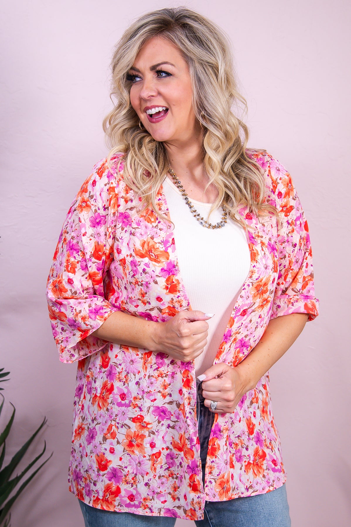All A Fantasy Pink/Multi Color Floral Kimono - O5473PK