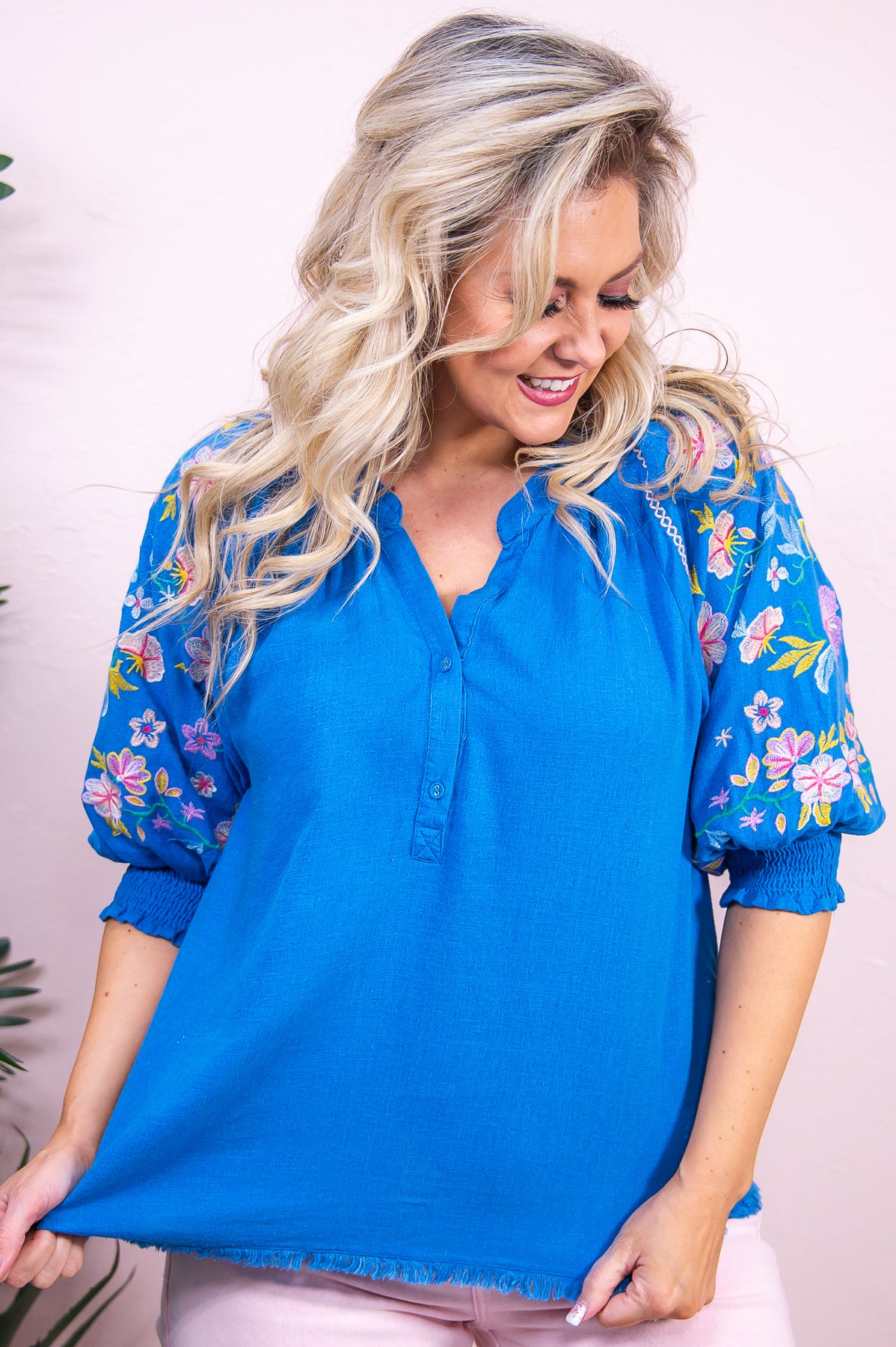 Style Traditions Blue/Multi Color Floral Embroidered Top - T8988BL