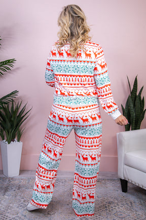 All The Jingle Ladies White/Multi Color Christmas Printed Top/Pant (2-Piece Set) - T8314WH