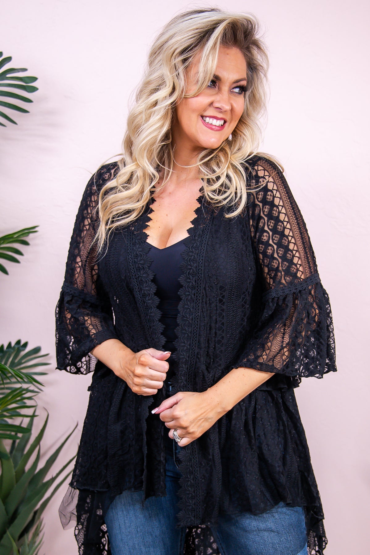 Easy On The Eyes Black Solid Lace High-Low Long Kimono - O5331BK