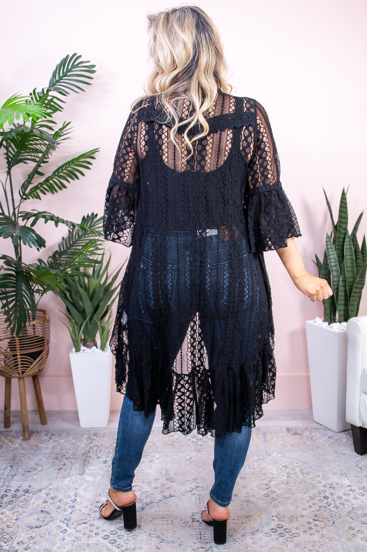 Easy On The Eyes Black Solid Lace High-Low Long Kimono - O5331BK