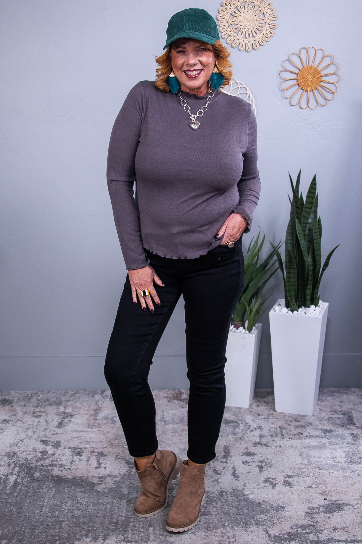 Brings Me Peace Charcoal Solid Ribbed Top - T10477CH