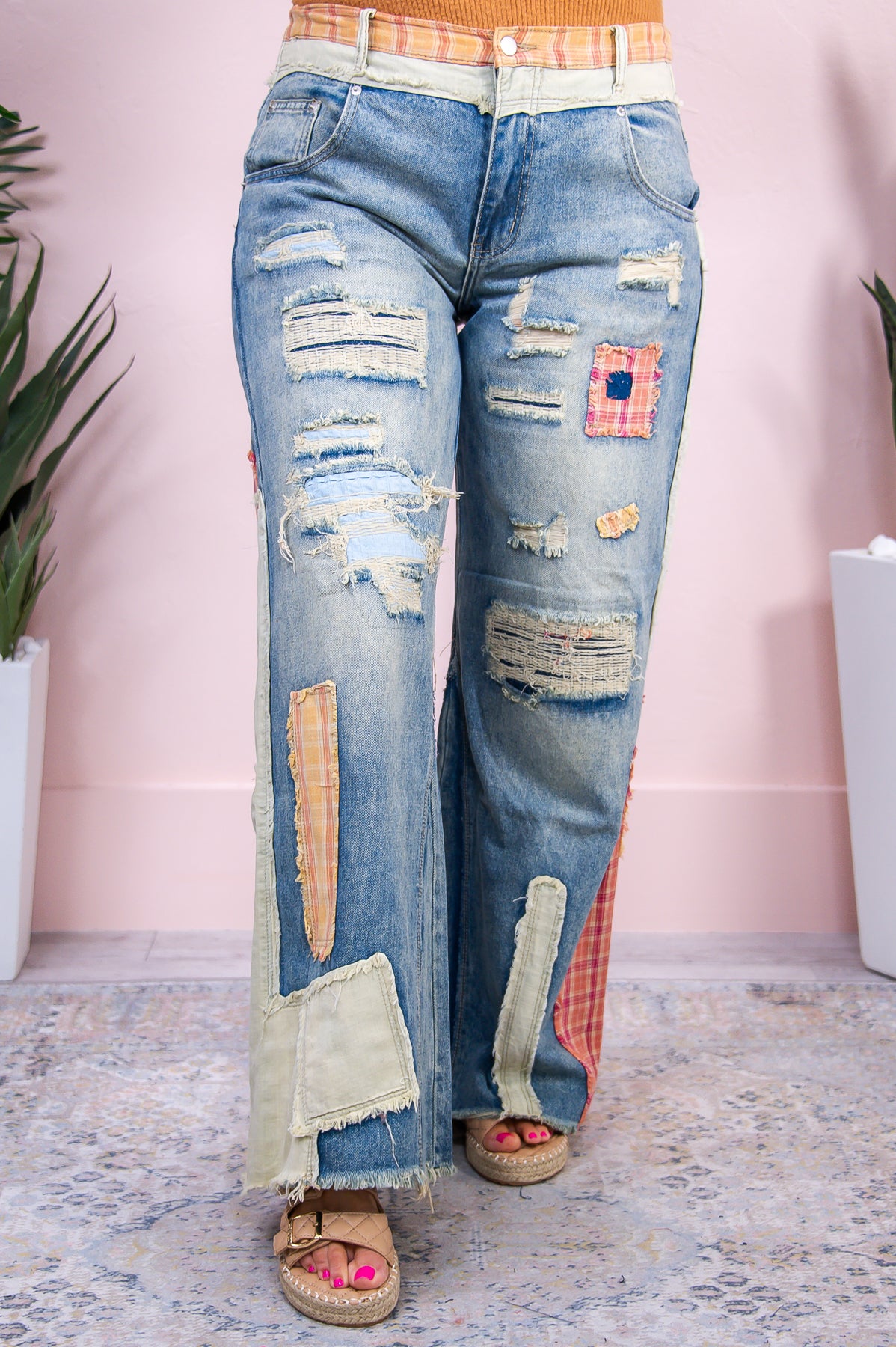 Joan Medium Denim/Multi Color Distressed Patchwork Jeans - K1109DN
